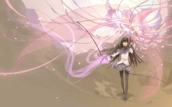 Rule 34 | 10s, 2girls, akemi homura, akemi homura (magical girl), argyle clothes, argyle legwear, black hair, black pantyhose, bow, bow (weapon), gloves, hair bow, hair ribbon, hairband, highres, kaname madoka, long hair, magical girl, mahou shoujo madoka magica, mahou shoujo madoka magica (anime), multiple girls, nemeko, pantyhose, pink hair, ribbon, spoilers, ultimate madoka, very long hair, weapon, white gloves, yellow eyes