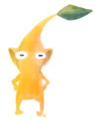 Rule 34 | absurdres, black eyes, colored skin, creature, creature focus, hands on own hips, highres, iat-418, leaf, legs apart, looking at viewer, nintendo, no humans, no lineart, no mouth, pikmin (series), pointy ears, simple background, standing, straight-on, white background, yellow pikmin, yellow skin