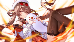 1girl :3 blurry blurry_foreground boo_tao_(genshin_impact) brown_eyes brown_hair brown_thighhighs closed_mouth detached_sleeves eyewear_on_head fire floating_hair floral_print genshin_impact highres hu_tao_(cherries_snow-laden)_(genshin_impact) hu_tao_(genshin_impact) jewelry long_hair long_sleeves miniskirt nail_polish pleated_skirt print_thighhighs red-tinted_eyewear red_nails red_skirt ring shiratori_aki shirt skirt solo sunglasses symbol-shaped_pupils thighhighs tinted_eyewear very_long_hair white_hair white_shirt white_sleeves yellow-framed_eyewear zettai_ryouiki