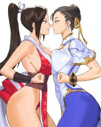 2girls artist_request ass backless_dress backless_outfit blue_pantyhose breast_press breasts brown_eyes brown_hair capcom chilicayenne2d china_dress chinese_clothes chun-li clenched_hand closed_mouth commentary cowboy_shot crossover derivative_work double_bun dress earrings english_commentary fatal_fury hair_bun hair_ribbon high_ponytail highres japanese_clothes jewelry large_breasts long_hair looking_at_another motoyui multiple_girls noses_touching pantyhose parody pearl_earrings pelvic_curtain ponytail revealing_clothes ribbon shiranui_mai short_hair sideboob simple_background snk street_fighter street_fighter_6 symmetrical_docking the_king_of_fighters toned toned_female white_background white_dress yellow_ribbon