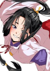 1boy black_hair blush hakama highres houjou_tokiyuki_(nige_jouzu_no_wakagimi) japanese_clothes long_hair long_sleeves looking_at_viewer male_focus nige_jouzu_no_wakagimi ponytail purple_eyes sidelocks_tied_back simple_background smile solo sweat white_background wide_sleeves yorozuya37