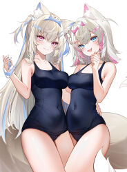 absurdres alternate_breast_size alternate_costume animal_ear_fluff animal_ears arm_around_waist asymmetrical_docking bandaid bandaid_hair_ornament blonde_hair blue_eyes blue_hair blue_hairband blue_one-piece_swimsuit breast_press breasts closed_mouth commentary covered_navel crossed_bangs dog_ears dog_girl dog_tail double-parted_bangs fake_horns fuwawa_abyssgard hair_between_eyes hair_intakes hair_ornament hairband hairclip hand_up highres holding holding_own_hair hololive hololive_english horns large_breasts long_hair looking_at_viewer medium_breasts medium_hair mococo_abyssgard multicolored_hair old_school_swimsuit one-piece_swimsuit pink_eyes pink_hair pink_hairband school_swimsuit simple_background standing streaked_hair swimsuit tail two_side_up very_long_hair virtual_youtuber white_background x_hair_ornament yukineko1018