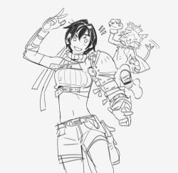 1girl armor black_hair breasts cait_sith_(final_fantasy) cape cat chest_strap crop_top crown final_fantasy final_fantasy_vii final_fantasy_vii_rebirth final_fantasy_vii_remake fingerless_gloves furrowed_brow gloves grin hair_between_eyes headband highres medium_breasts messy_hair mini_crown mmmckayyy navel pauldrons short_hair shorts shoulder_armor single_bare_shoulder single_pauldron sketch sleeveless sleeveless_turtleneck smile teeth turtleneck v yuffie_kisaragi