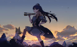 2girls animal_ear_fluff animal_ears armor artist_name black_boots black_coat black_eyes blonde_hair blue_dress blue_gemstone blue_hair blue_hat blue_sky boots breasts closed_mouth cloud cloudy_sky coat commentary_request dress evening floating_hair fox_ears fox_girl fox_tail frills full_body gem gradient_sky green_ribbon hair_between_eyes half-closed_eyes hand_on_own_hip hat holding holding_tripod iizunamaru_megumu kudamaki_tsukasa long_hair looking_to_the_side mandarin_collar mountain multiple_girls neck_ribbon open_clothes open_coat outdoors pointy_ears pom_pom_(clothes) puffy_short_sleeves puffy_sleeves ribbon rock romper scarf short_hair short_sleeves shoulder_armor sitting sky sleeveless sleeveless_coat small_breasts standing sunset tail tami_(joemanyodw) tokin_hat touhou tripod white_romper white_scarf yellow_sky