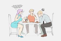 Rule 34 | !, 1girl, 2boys, ?, blonde hair, breasts, cheese crumbles, commentary, dress, earrings, eating, english commentary, english text, family, father and son, food, high heels, husband and wife, jewelry, large breasts, long sleeves, medium hair, mother and son, multiple boys, open mouth, original, pants, pasta, shirt, short sleeves, sitting, sleeveless, sleeveless dress, spaghetti, t-shirt, table, teeth