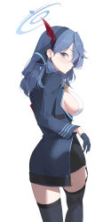 1girl absurdres ako_(blue_archive) ass bell black_skirt black_thighhighs blue_archive blue_eyes blue_gloves blue_hair blue_jacket blush breasts collar cowbell garter_straps gloves hair_between_eyes hair_ribbon hairband half_gloves halo highres jacket large_breasts long_hair long_sleeves looking_at_viewer looking_back miniskirt pencil_skirt ribbon sideboob skirt solo sukaliya thighhighs thighs underbust