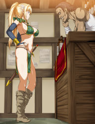 1girl armor armpits bikini_armor blonde_hair blue_eyes blush boots bottle breasts bridal_gauntlets cleavage elbow_gloves elf fingerless_gloves from_side full_body gloves high_ponytail highres indoors large_breasts legs loincloth long_hair looking_at_another mamono_no_nie_~torawareta_elf_no_matsuro~ navel o-ring original pelvic_curtain pointy_ears ponytail sanroku-maru_(unnu) sanrokumaru scar scar_on_face shoulder_pads smile standing sword thighs warrior weapon