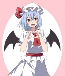 1girl ascot bat_wings blue_hair collared_shirt commentary_request frilled_shirt_collar frills hat hat_ribbon heart heart_hands highres looking_at_viewer medium_hair mob_cap open_mouth red_ascot red_eyes red_ribbon remilia_scarlet ribbon shirt short_sleeves skirt smile solo touhou to~fuya white_hat white_shirt white_skirt wings