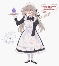 2girls alternate_costume apron black_dress black_shoes blush dress enmaided fu_xuan_(honkai:_star_rail) grey_background grey_hair highres holding holding_tray honkai:_star_rail honkai_(series) juliet_sleeves long_sleeves low_twintails maid maid_headdress mary_janes multiple_girls narrowed_eyes open_mouth pantyhose petticoat puffy_sleeves qingque_(honkai:_star_rail) shoes simple_background speech_bubble tray twintails unfamousradish white_apron white_pantyhose