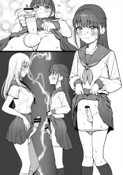1boy 1girl bar_censor blush breasts censored closed_mouth clothes_lift collarbone condom condom_on_penis crossdressing crossdressing_(mtf) erection futa_with_male futanari grin highres hokuro_ryuuseigun large_penis long_hair monochrome neckerchief original panties panty_pull penis pleated_skirt sailor_collar school_uniform serafuku shirt skirt skirt_lift small_breasts smile socks sweat testicles trap underwear