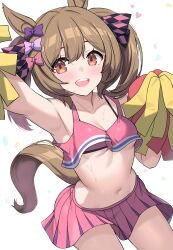 1girl alternate_costume animal_ears blush breasts brown_eyes brown_hair cheerleader commentary_request hair_between_eyes hair_ornament highres horse_ears horse_girl kibihimi looking_at_viewer medium_hair pom_pom_(cheerleading) revision ribbon school_uniform small_breasts smart_falcon_(umamusume) solo sweat teeth umamusume upper_teeth_only white_background