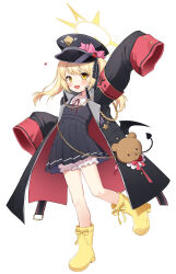 1girl black_coat black_dress black_hat black_ribbon black_tail blonde_hair bloomers blue_archive boots coat demon_girl demon_tail dress full_body halo hat highres ibuki_(blue_archive) long_sleeves looking_at_viewer military_hat one_side_up paid_reward_available peaked_cap pinafore_dress ribbon shokupan_(slvk12) simple_background sleeveless sleeveless_dress sleeves_past_wrists solo tail underwear white_background white_bloomers yellow_boots yellow_eyes yellow_halo