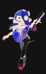 1girl artist_name black_background black_pants black_socks blue_shawl cephalopod_eyes chest_sarashi closed_mouth commentary english_commentary eyelashes folded_fan folding_fan full_body hair_over_one_eye hairband hand_fan highres holding holding_fan long_hair mcavoy29 nintendo octoling okobo pants platform_sandals pointy_ears red_pupils sandals sarashi shawl shiver_(splatoon) short_eyebrows simple_background smile socks solo splatoon_(series) splatoon_3 tabi tentacle_hair thick_eyebrows torn_clothes torn_pants twitter_username white_hairband