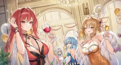 4girls absurdres alternate_costume anis_(nikke) blonde_hair blue_hair breasts cleavage counters_(nikke) dress goddess_of_victory:_nikke highres large_breasts long_hair multiple_girls neil_(neil_nim) neon_(nikke) official_alternate_hair_color rapi_(nikke) rapi_(red_hood)_(nikke) red_eyes red_hair shifty_(nikke) smile