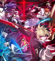 4boys 5girls armband bike_shorts black_hair black_skin blonde_hair blue_eyes blue_hair blunt_bangs bow breasts brown_hair choker cleavage closed_eyes colored_skin cropped_jacket dagger dress elbow_gloves electricity fingernails flat_chest gauntlets gloves glowing_gem green_eyes green_hair gun hair_ornament hairband headphones highres hime_cut holding holding_gun holding_knife holding_shield holding_sword holding_weapon holding_whip hood hoodie kaguya_jingu kido_hyde knife kuon_(under_night_in-birth) large_breasts light_green_hair linne_(under_night_in-birth) long_hair midriff mika_returna multicolored_hair multicolored_skin multiple_boys multiple_girls necktie official_art open_mouth orange_eyes orange_hair phonon_(under_night_in-birth) red_eyes red_hair school_uniform seth_(under_night_in-birth) sharp_fingernails shield shirt short_hair short_twintails smile sword tsurugi_(under_night_in-birth) twintails two-tone_hair under_night_in-birth under_night_in-birth_2_sys:celes very_long_hair weapon whip white_gloves white_hair white_shirt yellow_hoodie yoshihara_seiichi