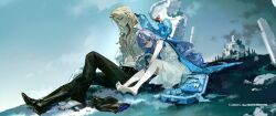 1boy 1girl artist_request barefoot belle_(zenless_zone_zero) black_boots black_pants blonde_hair blue_sky bonnet boots character_doll doll dress fang grass highres hugo_vlad long_hair multicolored_hair official_art open_clothes open_shirt outdoors pants pillar pointy_ears purple_hair rain red_eyes rock shirt shoes single_shoe sitting sky sleeveless sleeveless_dress streaked_hair vivian_banshee white_dress white_hair white_shirt wise_(zenless_zone_zero) zenless_zone_zero