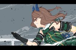 Rule 34 | 1girl, absurdres, animal ears, black gloves, brown hair, buttons, clenched teeth, dress, ear covers, gloves, green dress, hidaka kouyou, highres, horse ears, horse girl, king halo (umamusume), off shoulder, red eyes, solo, teeth, umamusume
