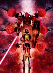 belt bit_(gundam) char_aznable energy_blade energy_sword epaulettes gloves glowing glowing_eyes gundam gundam_gquuuuuux harada_miyuki helmet highres holding holding_sword holding_weapon long_sleeves looking_at_viewer mecha mecha_focus military military_uniform mobile_suit red_eyes red_gundam robot science_fiction shield sword v-fin weapon zeon