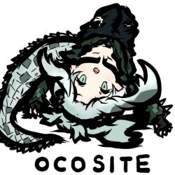 Rule 34 | 1girl, arms up, asymmetrical hair, black pants, blue eyeliner, chibi, chibi only, crocodilian tail, downblouse, eyeliner, fang, fingerless gloves, gloves, green eyes, green hair, green jacket, jacket, kemono friends, kemono friends 2, long hair, long sleeves, long tail, looking at viewer, lying, makeup, multicolored hair, on back, open mouth, pants, saltwater crocodile (kemono friends), solo, spiked jacket, spiked sleeves, spikes, tail, tanuki kamen, torn clothes, torn pants, upside-down