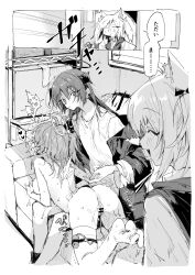 Rule 34 | 3girls, absurdres, angel, animal ears, arknights, bar censor, blush, breasts, censored, closed eyes, commentary request, controller, exusiai (arknights), exusiai the new covenant (arknights), fox ears, fox girl, greyscale, halo, heart, highres, horns, jacket, long hair, medium breasts, monochrome, mostima (arknights), multiple girls, na tarapisu153, no shoes, open mouth, pussy, pussy juice, remote control, shirt, sora (arknights), thigh strap, thighhighs, translation request, walk-in, yuri