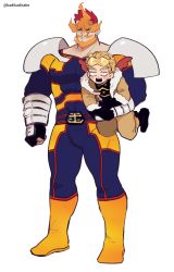 2boys annoyed armor blonde_hair blue_eyes blush boku_no_hero_academia bulge carrying carrying_person endeavor_(boku_no_hero_academia) feathered_wings hawks_(boku_no_hero_academia) highres ka_ji large_pectorals male_focus mature_male multiple_boys muscular muscular_male pauldrons pectorals pout red_hair red_wings scar scar_across_eye scar_on_face short_hair shoulder_armor sideburns size_difference spiked_hair thick_thighs thighs wide-eyed wings