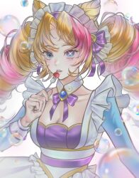 1girl blonde_hair bow bowtie breasts cafe_cuties_(league_of_legends) cafe_cuties_gwen cleavage cone_hair_bun dress drill_hair food fork gwen_(league_of_legends) haamheam_(hamuham) hair_bow hair_bun highres holding holding_fork league_of_legends long_hair long_sleeves maid maid_headdress multicolored_hair parted_bangs pink_hair smile solo star-shaped_pupils star_(symbol) symbol-shaped_pupils twin_drills twintails two-tone_hair