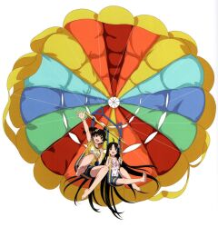 Rule 34 | 2girls, :d, ahoge, araragi karen, araragi tsukihi, arm up, bare legs, bare shoulders, barefoot, black hair, blue shorts, blush, collarbone, egg hair ornament, feet, food-themed hair ornament, full body, grey eyes, hair ornament, highres, knee up, legs, long hair, looking at viewer, monogatari (series), multiple girls, non-web source, official art, open mouth, parasailing, parted bangs, print shirt, scan, scan artifacts, shadow, shirt, short sleeves, shorts, siblings, side ponytail, simple background, sisters, sitting, smile, soles, teeth, thighs, toes, upper teeth only, very long hair, watanabe akio, white background, white shirt
