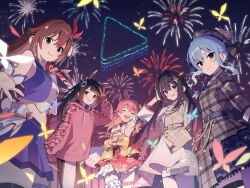0th_generation_(hololive) 5girls :d aerial_fireworks ahoge android arm_up armpits azki_(4th_costume)_(hololive) azki_(hololive) bell beret blue_eyes blue_hair blue_ribbon blue_shirt blue_skirt blue_vest braid brown_hair closed_eyes collared_shirt colored_inner_hair cowboy_shot cropped_shirt cropped_vest crown detached_sleeves diamond_hair_ornament double-parted_bangs fake_tail fireworks frilled_kimono frilled_skirt frilled_thigh_strap frills from_below grey_hair grey_hat grey_jacket grey_skirt hair_bell hair_between_eyes hair_flaps hair_intakes hair_ornament hair_ribbon hairclip hakama hakama_short_skirt hakama_skirt half_up_half_down_braid hat highres hololive hood hood_down hoodie hoshimachi_suisei hoshimachi_suisei_(1st_costume) jacket japanese_clothes jingle_bell kimono long_hair long_sleeves looking_at_viewer mechanical_arms mechanical_legs medium_hair miniskirt multicolored_hair multiple_girls neck_ribbon night night_sky no_pants nontraditional_miko obi official_alternate_costume official_art one_side_up open_mouth outdoors outstretched_arm outstretched_hand overskirt pink_hair pink_hoodie pink_skirt plaid_clothes plaid_hat plaid_jacket plaid_skirt pleated_skirt poro_(apom6n) purple_eyes rabbit_tail red_ribbon ribbon roboco-san roboco-san_(hoodie) sakura_miko sakura_miko_(1st_costume) sash second-party_source shirt side_ponytail sidelocks skirt skirt_set sky sleeveless sleeveless_kimono sleeveless_shirt smile star_(symbol) star_hair_ornament star_in_eye symbol_in_eye tail thigh_strap tokino_sora tokino_sora_(1st_costume) very_long_hair vest virtual_youtuber white_shirt white_sleeves wide_sleeves wrist_cuffs x_hair_ornament yellow_eyes yellow_sash