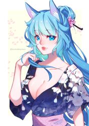 1girl blue_eyes blue_hair blunt_bangs breasts cherry_blossom_print cleavage clip_studio_paint_(medium) closed_mouth commentary floral_print furry hair_bun half_updo hashtag-only_commentary japanese_clothes kimono looking_at_viewer original petals sash short_sleeves solo symbol-only_commentary tabby_chan twitter_username