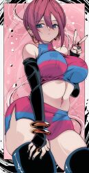 1girl adapted_costume alternate_hairstyle android_21 artist_name black_nails black_thighhighs blue_eyes bracelet breasts checkered_clothes covered_erect_nipples curvy detached_sleeves dragon_ball dragon_ball_fighterz earrings hair_between_eyes highres jewelry kinakomochi_(user_vedc2333) looking_at_viewer midriff navel ring short_hair sidelocks skindentation skirt sleeveless solo thick_thighs thighhighs thighs v wide_hips