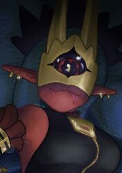 1girl bracelet breasts colored_skin digimon digimon_(creature) earrings horns jewelry looking_at_viewer mask medusamon moddy_by_nature red_skin smile snake_hair tongue tongue_out yellow_eyes