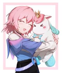 &gt;_&lt; 1girl ^_^ absurdres animal animal_hug belt black_choker black_skirt blue_belt blue_jacket blush_stickers choker closed_eyes commentary crown english_commentary highres hofmus_(hofmuss458) honkai:_star_rail honkai_(series) jacket little_ica_(honkai:_star_rail) long_sleeves march_7th_(honkai:_star_rail) march_7th_(preservation)_(honkai:_star_rail) mini_crown open_mouth pink_hair shirt short_hair skirt smile upper_body white_background white_shirt