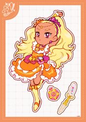 Rule 34 | 1girl, amamiya elena, arm behind head, arm up, bag bow, bead choker, beads, blonde hair, border, bow, bow legwear, choker, circlet, cure soleil, dark-skinned female, dark skin, deformed, dot nose, dotted line, dress, earrings, expressionless, eyelashes, forehead, frilled arm warmers, frilled dress, frills, full body, glowstick, grid background, hair beads, hair ornament, hairband, high ponytail, highres, jewelry, leg up, long hair, magical girl, medium dress, orange border, orange bow, orange dress, orange sandals, outline, over-kneehighs, parted lips, penlight (glowstick), pink bag, pink bow, pink choker, pink eyes, pink hairband, ponytail, precure, sandals, short sleeves, signature, socks, solo, sphere earrings, standing, star (symbol), star hair ornament, star twinkle precure, stretching, thighhighs, tsurime, two-tone bag, uwded 207, very long hair, waist bag, white background, white bag, white outline, white sleeves, yellow arm warmers, yellow socks