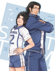 2boys alternate_costume angeal_hewley back-to-back bandaid bandaid_on_arm black_hair blue_eyes blue_jacket blue_pants blue_shorts commentary cowboy_shot crisis_core_final_fantasy_vii crossed_arms crylin6 english_commentary final_fantasy final_fantasy_vii hand_on_own_hip highres jacket looking_at_another male_focus multiple_boys open_clothes open_jacket pants parted_bangs parted_lips shirt short_sleeves shorts smile spiked_hair sportswear track_jacket white_shirt zack_fair