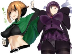 2girls belt black_hair blush breasts capelet creatures_(company) crop_top dress from_below game_freak gardenia_(pokemon) glasses japanese_text large_breasts looking_at_viewer multicolored_hair multiple_girls navel nintendo okki_(studio_okki) open_mouth orange_eyes orange_hair panties pantyhose pantyshot pokemon pokemon_bw pokemon_dppt purple_eyes purple_hair shauntal_(pokemon) short_dress short_hair sketch smile two-tone_hair undershirt underwear upskirt