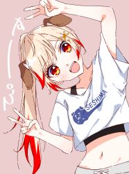 Rule 34 | 1girl, :d, animal ears, black tank top, blonde hair, blush, chukachuka, commentary request, dog ears, dog girl, double v, droopy ears, grey shorts, hair ornament, high ponytail, highres, leaning to the side, long hair, midriff, multicolored hair, nanashi inc., navel, open mouth, orange eyes, pink background, ponytail, red hair, seshima rui, shirt, shorts, simple background, smile, solo, tank top, teeth, two-tone hair, upper body, upper teeth only, v, virtual youtuber, white shirt, x hair ornament