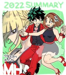 1boy 2022 2girls artist_request black_dress black_shirt blonde_hair blunt_bangs boku_no_hero_academia bracelet brown_eyes brown_hair collared_shirt copyright_name dress flower green_eyes green_hair hair_flower hair_ornament hairband high_heels jacket jewelry midoriya_izuku multiple_girls necklace necktie non-web_source pants red_footwear red_hairband red_jacket red_necklace red_pants shirt short_hair sleeveless sleeveless_dress source_request uraraka_ochako