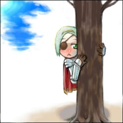 1girl 2000s_(style) armor asakawa_remon cape commentary_request eyepatch gauntlets green_eyes green_hair looking_at_viewer lord_knight_(ragnarok_online) lowres open_mouth pauldrons peeking_out ragnarok_online red_cape short_hair shoulder_armor solo tree triangle_mouth upper_body