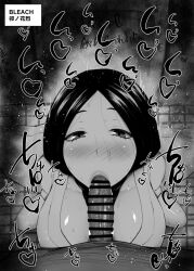 1boy 1girl bar_censor bleach blush breasts censored copyright_name erection fellatio greyscale half-closed_eyes hetero kurotama large_breasts looking_at_viewer mixed-language_text monochrome nose_blush oral penis pov pov_crotch saliva solo_focus squatting sweat tile_floor tiles unohana_retsu