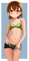 1girl bikini black_shorts blue_background border breasts brown_eyes brown_hair closed_mouth commentary green_bikini hair_between_eyes highres looking_at_viewer meruru1247 misaka_mikoto navel short_hair short_shorts shorts small_breasts smile solo swimsuit thigh_gap toaru_kagaku_no_railgun toaru_majutsu_no_index white_border