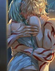 Rule 34 | 2boys, absurdres, anaxa (honkai: star rail), aqua hair, arm tattoo, blonde hair, commentary request, dress, ear piercing, gradient hair, hand on another&#039;s back, hand on another&#039;s shoulder, highres, honkai: star rail, honkai (series), hug, long hair, male focus, medium hair, multicolored hair, multiple boys, mydei (honkai: star rail), ocmari21140, piercing, red hair, red tattoo, signature, sleeveless, sleeveless dress, tattoo, thai commentary, toned, toned male, watermark, white dress, yaoi, yellow eyes