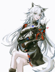 1girl :d absurdres animal animal_ears aqua_eyes arknights black_cat cat chinese_commentary commentary_request crossed_bangs crossed_legs feet_out_of_frame grey_background grey_hair grey_tail hair_between_eyes heart highres holding holding_animal holding_cat invisible_chair lappland_(arknights) long_hair long_sleeves looking_at_viewer miss_christine_(arknights) open_mouth simple_background sitting smile solo tail wolf_ears wolf_girl wolf_tail zhishi_mao_tiao