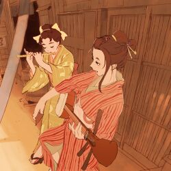 2girls 55bata6rou architecture bachi black_hair bow brown_hair brown_kimono closed_eyes east_asian_architecture flute hair_bow highres holding holding_flute holding_instrument instrument japanese_clothes kimono multiple_girls music open_mouth original outdoors playing_flute playing_instrument plectrum red_kimono shamisen short_hair smile standing updo