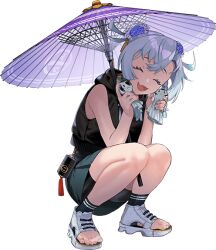 1girl black_shirt blue_hair braid closed_eyes grey_skirt hooded_shirt hoshiakari_(c2_kikan) kantai_collection official_alternate_costume official_art oil-paper_umbrella open-toe_shoes open_mouth purple_umbrella shimane_maru_(kancolle) shimane_maru_(rainy_season)_(kancolle) shirt short_hair shorts shorts_under_skirt side_braids skirt sleeveless sleeveless_shirt solo squatting teruterubouzu transparent_background twin_braids umbrella