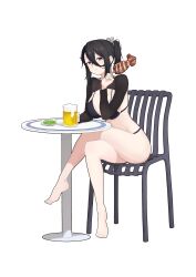 1girl absurdres alcohol awesome_crane barefoot beer bikini black_bikini black_eyes black_hair black_shrug breasts chair commentary_request crossed_legs eating food highres hiratsuka_satomi holding holding_food large_breasts long_sleeves looking_at_viewer on_chair ponytail round_table seitokai_ni_mo_ana_wa_aru! shrug_(clothing) sidelocks sitting solo swimsuit table