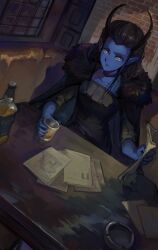 Rule 34 | 1girl, absurdres, ashtray, brick wall, brown hair, cup, glass bottle, highres, holding, holding cup, horns, indoors, kornod, long hair, looking at viewer, original, paperwork, pointy ears, scotch whisky, solo, whisky glass, window
