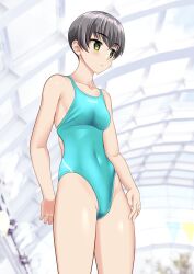 1girl absurdres aqua_one-piece_swimsuit black_hair clothes_writing commentary_request competition_swimsuit covered_navel cowboy_shot green_eyes highleg highleg_one-piece_swimsuit highres indoors one-piece_swimsuit original short_hair solo standing swimsuit takafumi tomboy variant_set