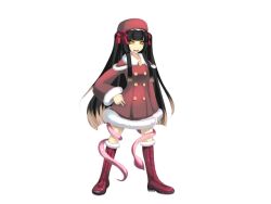 1girl black_hair boots brown_hair capelet dress eyes_visible_through_hair full_body fur-trimmed_dress fur_trim game_cg hand_on_own_hip hat hime_cut hiruko_(mon-musu_quest!) knee_boots large_variant_set long_hair long_sleeves mon-musu_quest! mon-musu_quest:_paradox multicolored_hair non-web_source nose open_mouth red_boots red_capelet red_dress red_hat shiki_(psychedelic_g2) sidelocks smile solo tentacles variant_set yellow_eyes