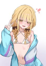 1girl absurdres bikini blonde_hair blue_jacket braid breasts commentary criss-cross_halter fujita_kotone gakuen_idolmaster halterneck high_(hgih) highres idolmaster jacket long_hair looking_at_viewer navel open_mouth sleeves_past_wrists small_breasts solo swimsuit swimsuit_under_clothes twin_braids v white_bikini yellow_eyes