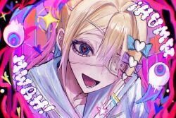 1girl bandage_over_one_eye blonde_hair blue_eyes blue_hair blue_sailor_collar blunt_bangs blurry_edges bow chouzetsusaikawa_tenshi-chan colored_tips eyeball glint hair_bow heart heart-shaped_pupils highres looking_at_viewer multicolored_hair multiple_hair_bows needy_girl_overdose open_mouth pao_(i_loxe_u) pink_hair quad_tails sailor_collar sidelocks solo sound_effects symbol-shaped_pupils upper_body
